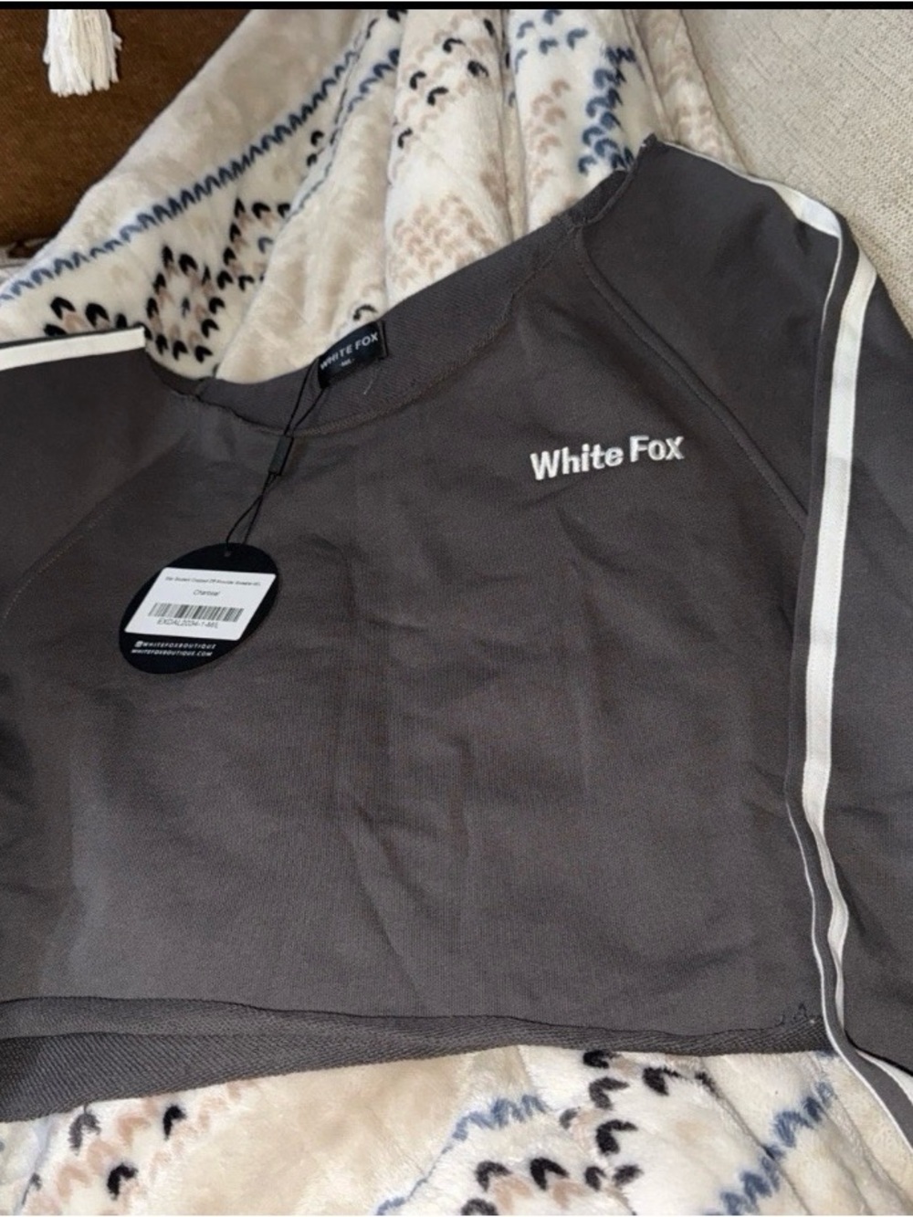 White Fox Boutique Charcoal Off-Shoulder Cropped Sweatshirt - Picture 3 of 4